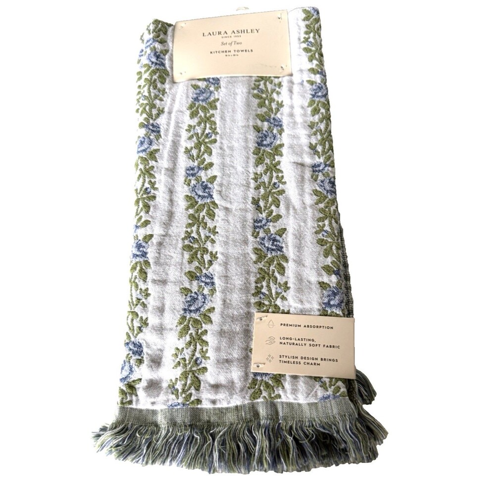 Laura Ashley Kitchen Dish Towels Blue Flowers 100% Cotton Gauze Fringe Set of 2